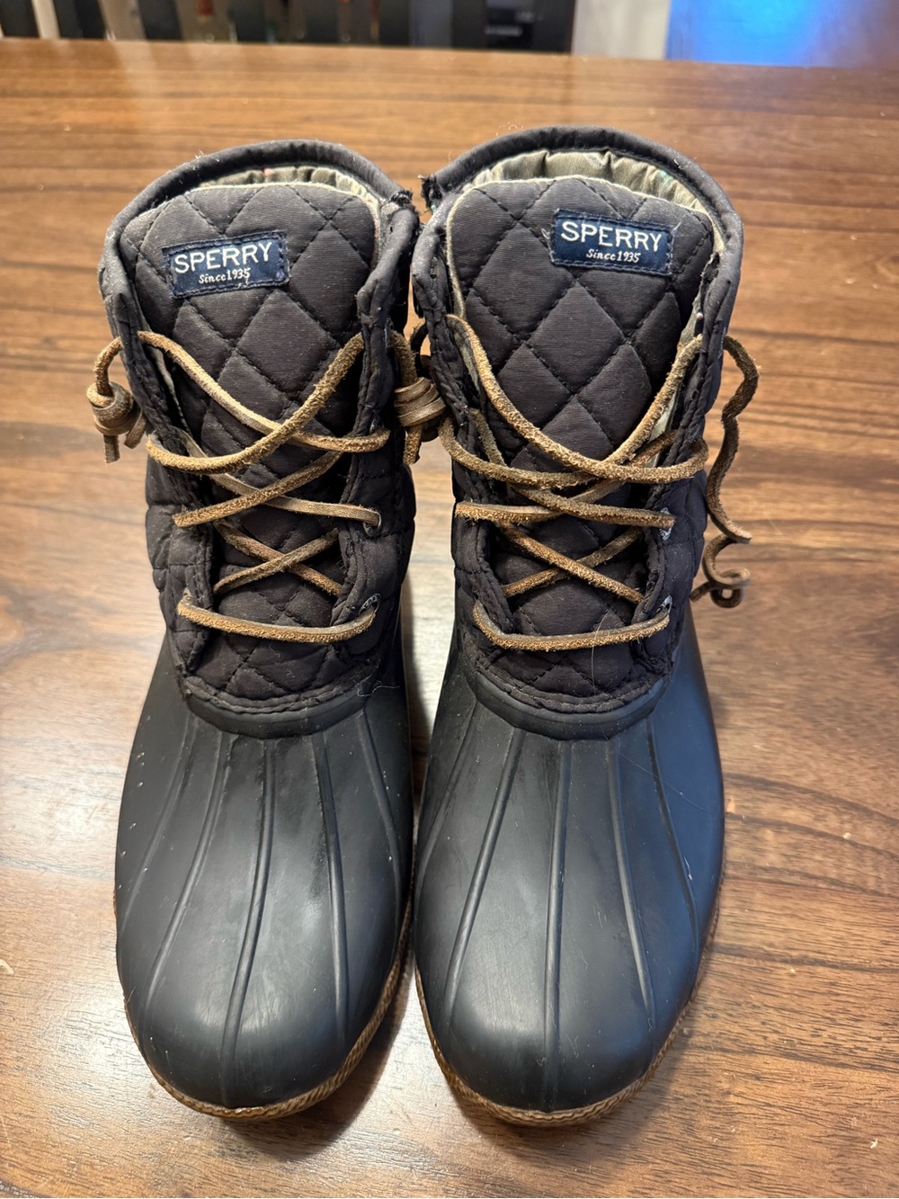 Sperry Black Quilted Duck-Style Rain Boots with Brown Laces